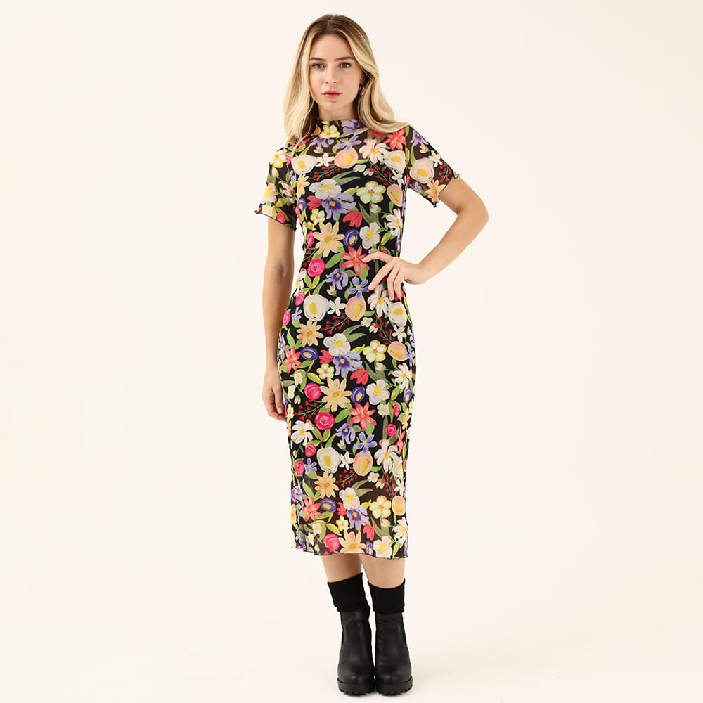 VESTIDO MIDI TULE FLORAL 7424 PRETO P