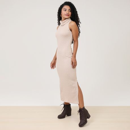 VESTIDO REGATA C/ GOLA TRICOT 31093 BEGE M