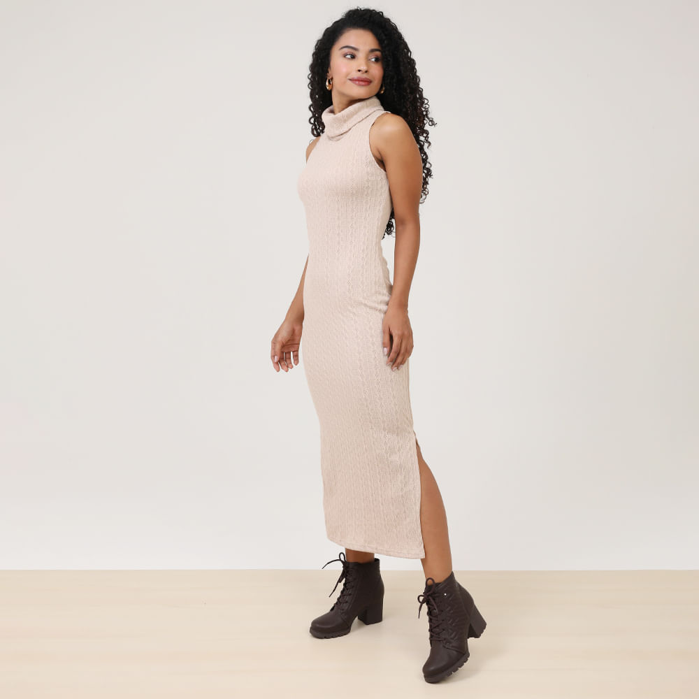 VESTIDO REGATA C/ GOLA TRICOT 31093 BEGE M