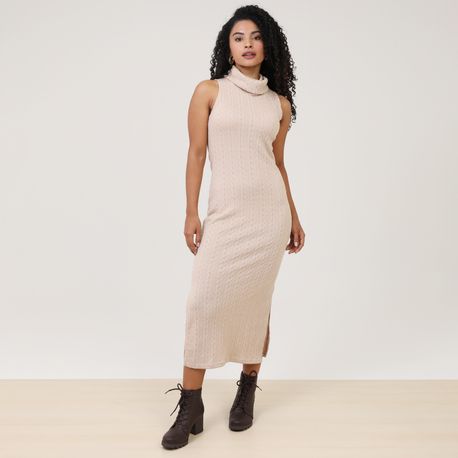 VESTIDO REGATA C/ GOLA TRICOT 31093 BEGE M