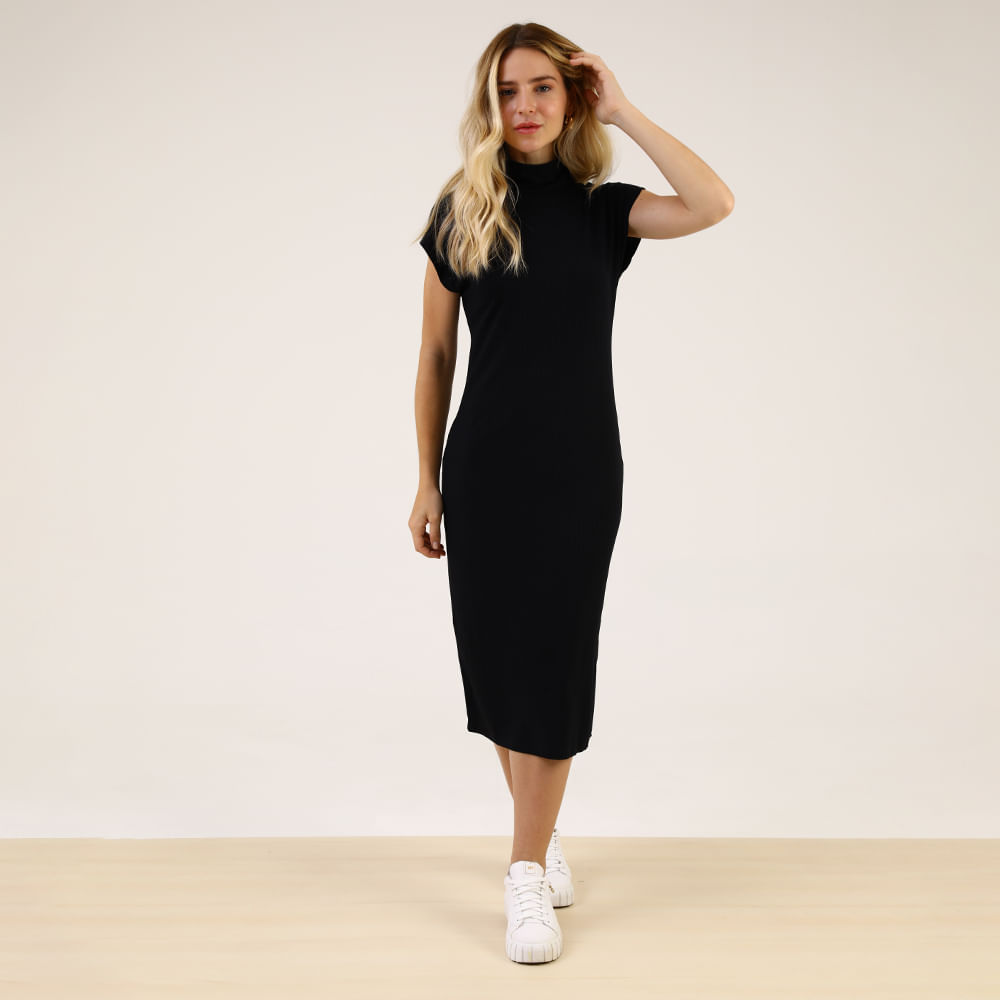 VESTIDO MC MIDI CANEL GOLA 73072 PRETO P