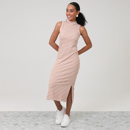 VESTIDO REGATA MIDI ALTERNECK CANEL LISTRA 230742 BEGE P