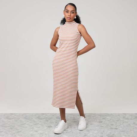 VESTIDO REGATA MIDI ALTERNECK CANEL LISTRA 230742 BEGE P