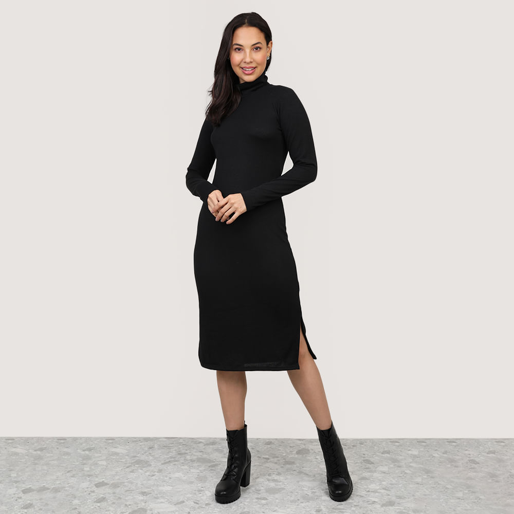 VESTIDO MIDI GOLA ALTA TRICOT 702884 PRETO G
