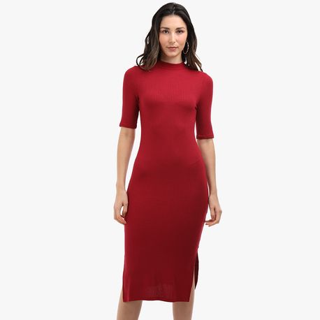 VESTIDO 3/4 MIDI GOLA ALTA CANELADO 102859 VINHO M