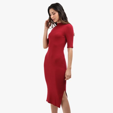 VESTIDO 3/4 MIDI GOLA ALTA CANELADO 102859 VINHO M