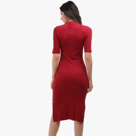 VESTIDO 3/4 MIDI GOLA ALTA CANELADO 102859 VINHO M