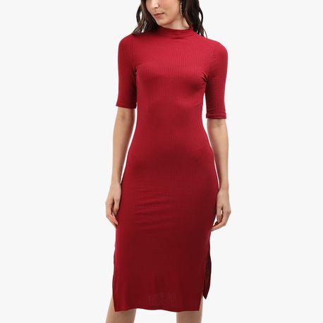 VESTIDO 3/4 MIDI GOLA ALTA CANELADO 102859 VINHO M