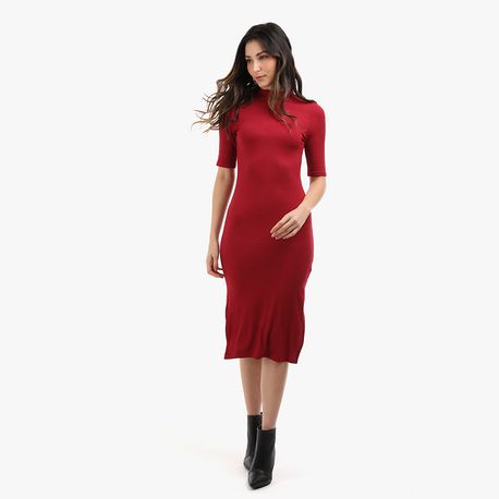 VESTIDO 3/4 MIDI GOLA ALTA CANELADO 102859 VINHO M