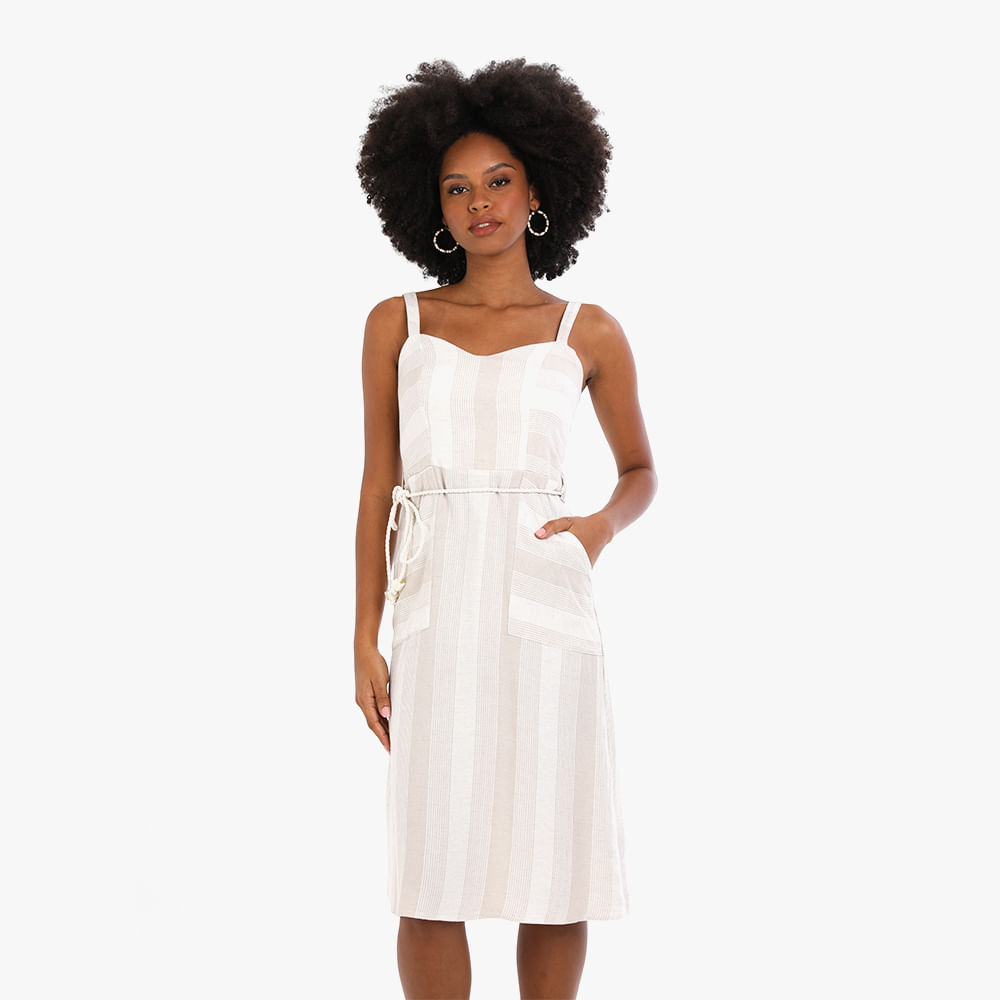 VESTIDO MIDI LINHO LISTRA 43989 BEGE P