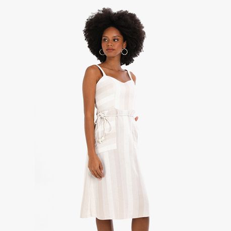 VESTIDO MIDI LINHO LISTRA 43989 BEGE P