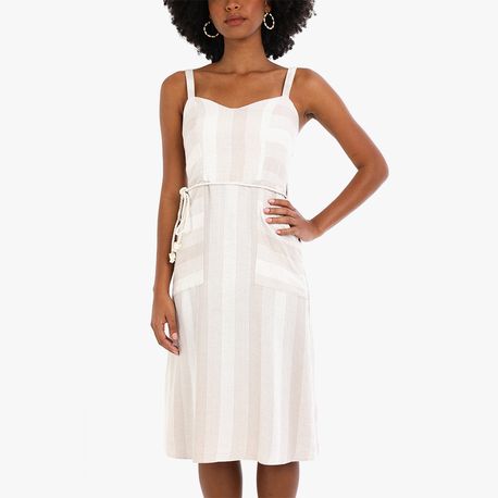 VESTIDO MIDI LINHO LISTRA 43989 BEGE P