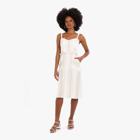 VESTIDO MIDI LINHO LISTRA 43989 BEGE P