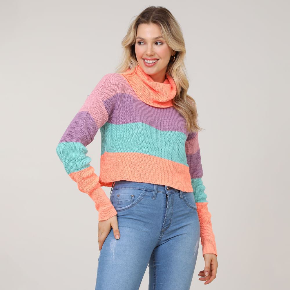 BLUSA TRICOT CROPPED GOLAO LISTRADO 620170 CORAL G
