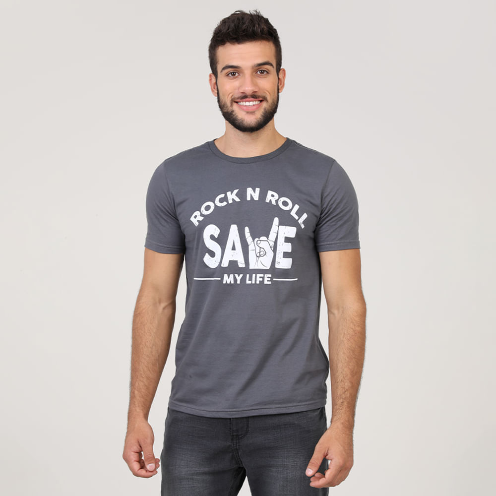 CAMISETA ESTAMPA "ROCK N ROLL- SAVE MY LIFE" 35933 GRAFITE G