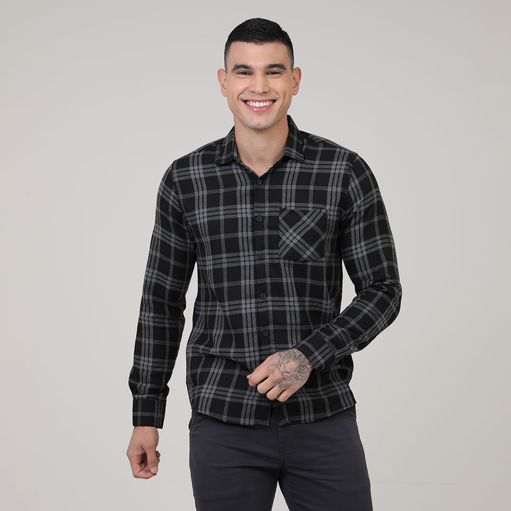 CAMISA ML XADREZ C/ BOLSO 4904 CHUMBO/PRETO 01