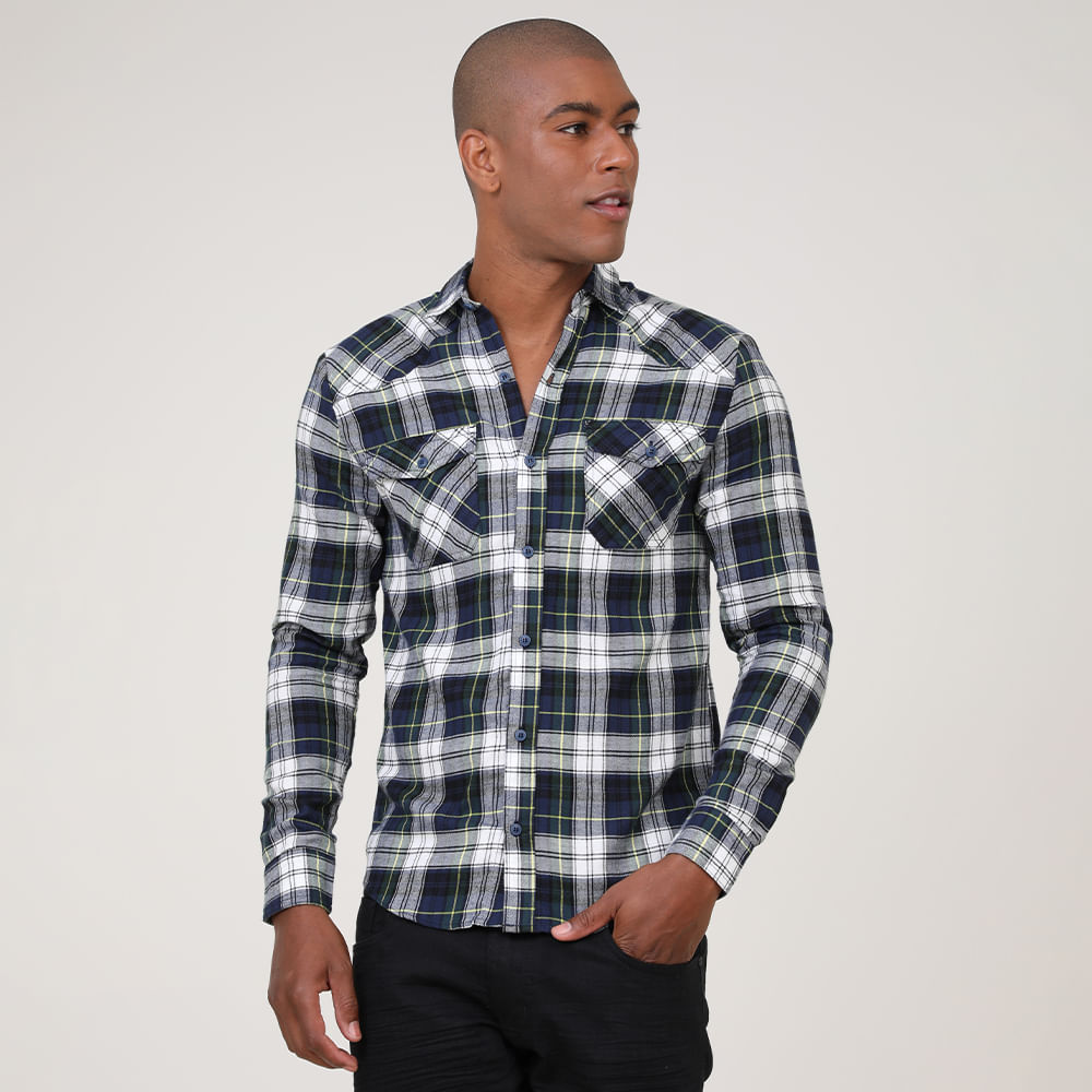 CAMISA XADREZ C/ DOIS BOLSOS NA FRENTE 210411CX-18A/C MARINHO/BRANCO G