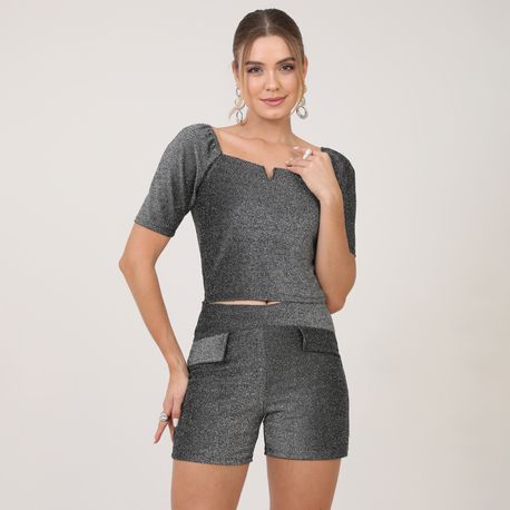 CROPPED PRINCESA V LUREX SILVER 11774 PRETO P