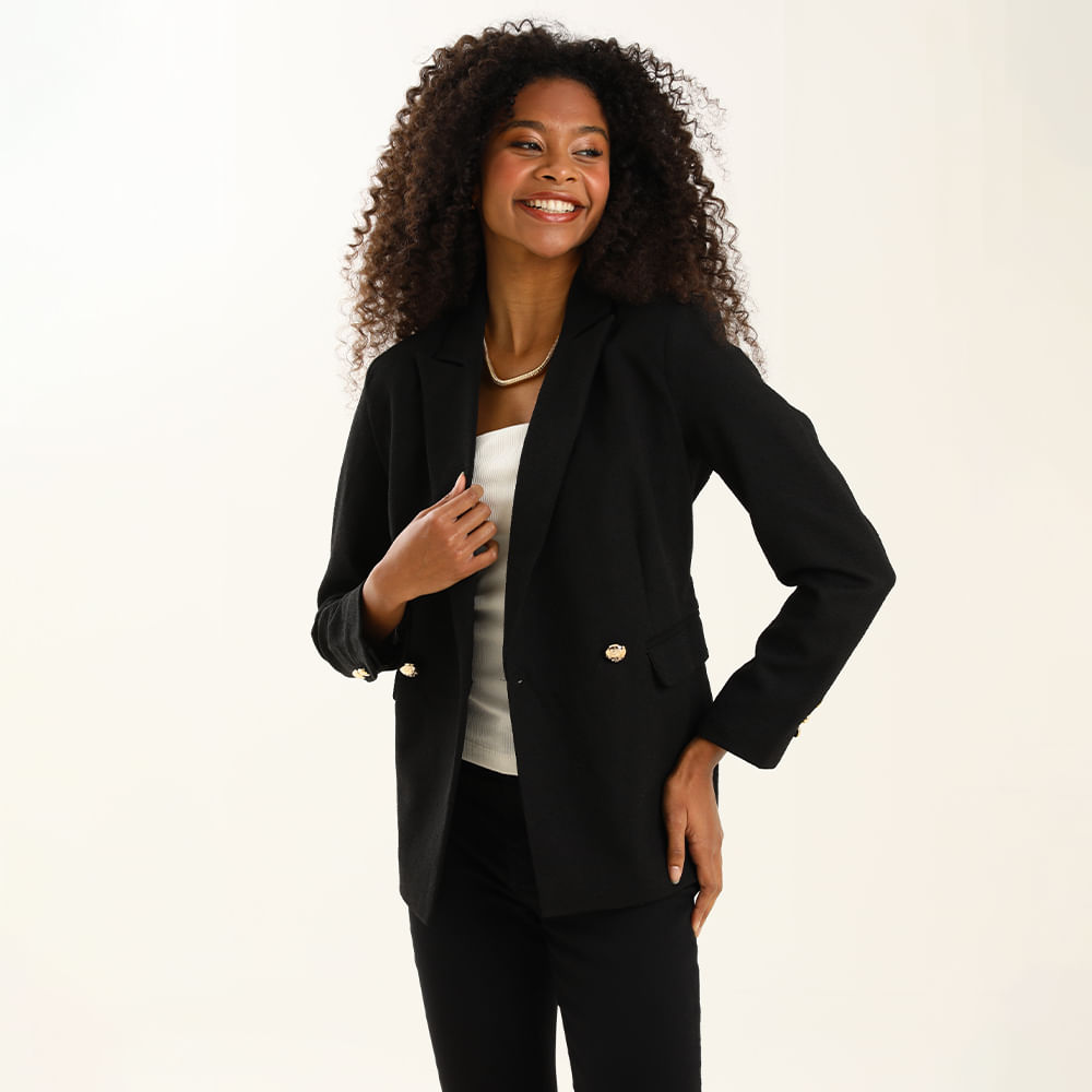 BLAZER ALONGADO TEXTURA BOTAO 410290 PRETO P