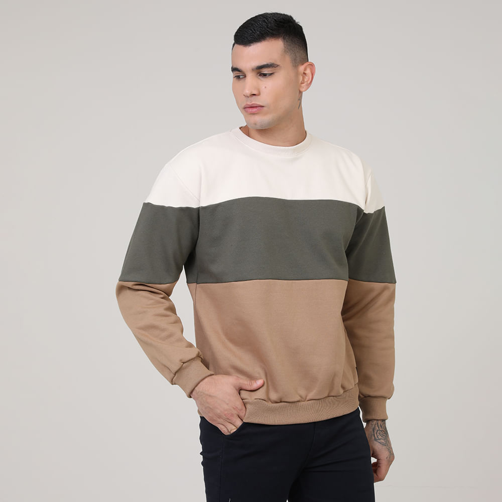 MOLETOM C/ GOLA CARECA RECORTE TRICOLOR DG-23727 OFF WHITE/ MILITAR/BEGE G