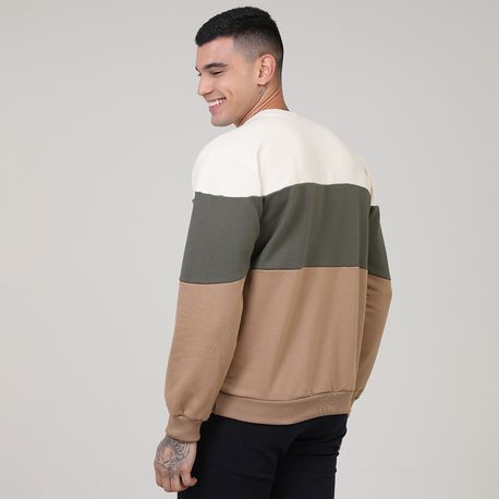 MOLETOM C/ GOLA CARECA RECORTE TRICOLOR DG-23727 OFF WHITE/ MILITAR/BEGE G
