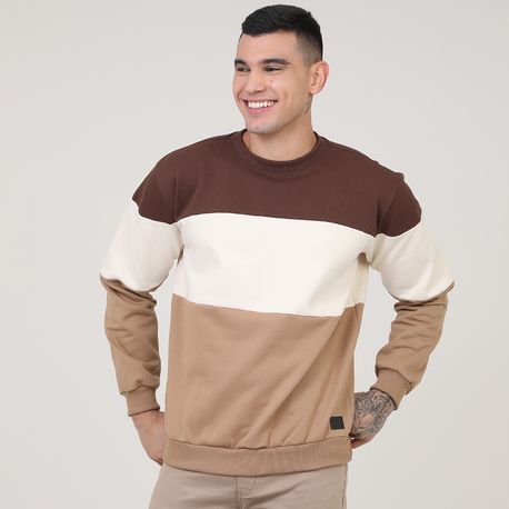 MOLETOM C/ GOLA CARECA RECORTE TRICOLOR DG-23727 MARROM/OFF/BEGE P