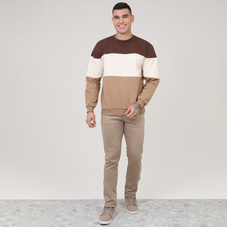 MOLETOM C/ GOLA CARECA RECORTE TRICOLOR DG-23727 MARROM/OFF/BEGE P