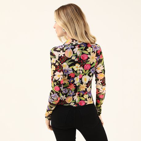 BLUSA ML TULE FLORAL 7514 PRETO P