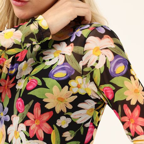 BLUSA ML TULE FLORAL 7514 PRETO P