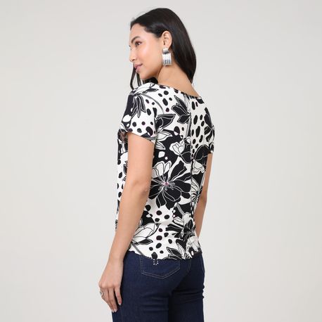 BLUSA MC FLORAL MODERNO PB 801522-5712 PRETO P