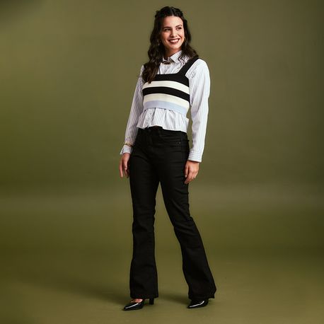 REGATA TRICOT CROPPED LISTRADA H6113 PRETO P