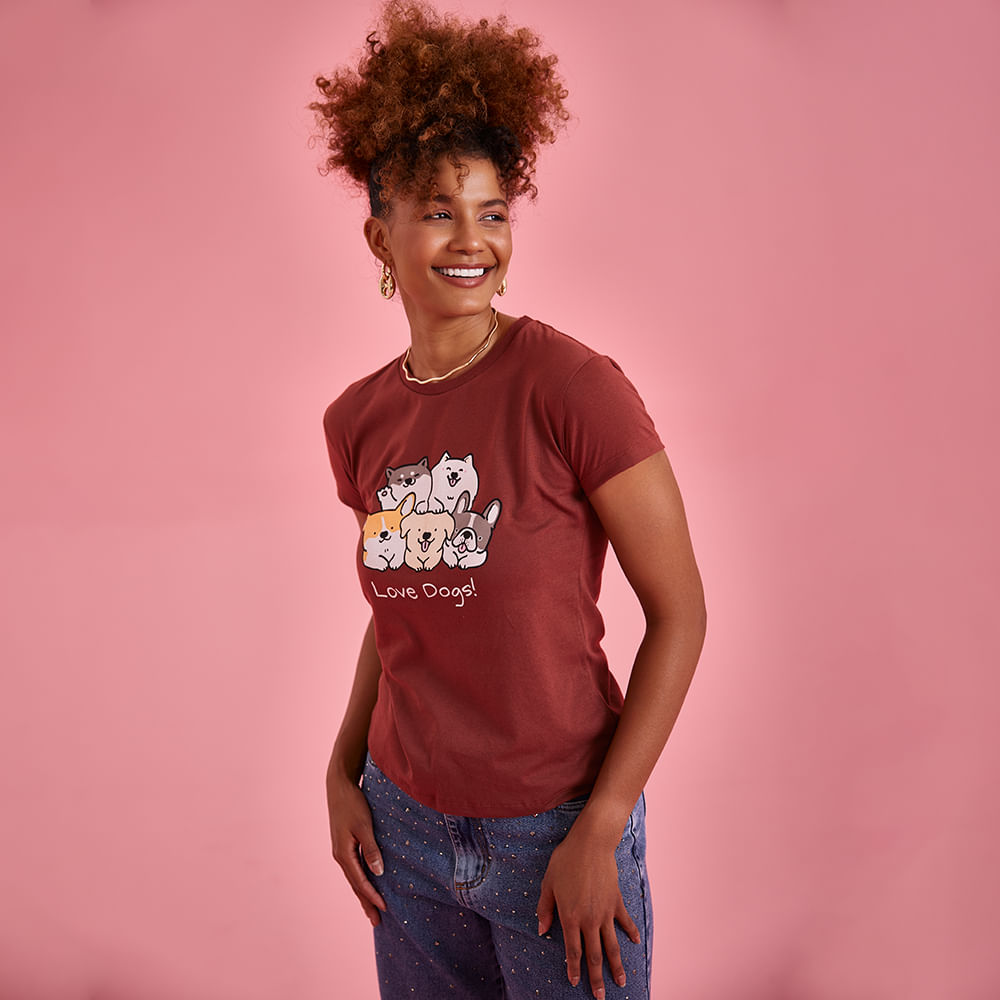 T SHIRT SILK LOVE DOG CUTE PTO 25474 MARROM P