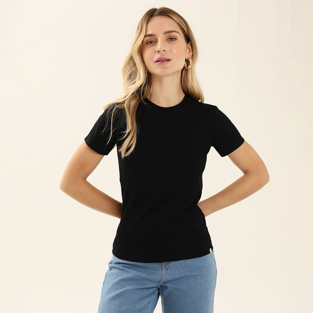 BLUSA MC CANELADA C/ GOLA BAIXA 662 PRETO M