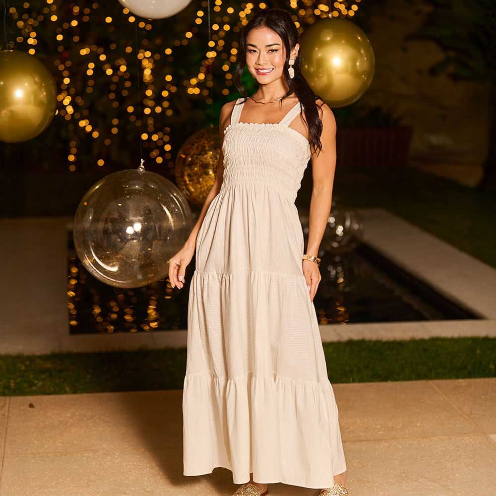 VESTIDO MIDI LASTEX ROMANTICO 1 703 811 BEGE P